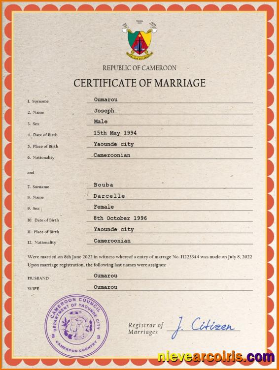Cameroon marriage certificate